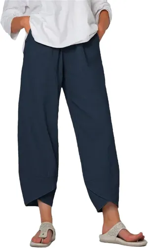 Dcvmvmn Women's Cotton Linen Trousers Loose Casual Harem Pants Floral Printed Elastic Waist Wide Leg Pants