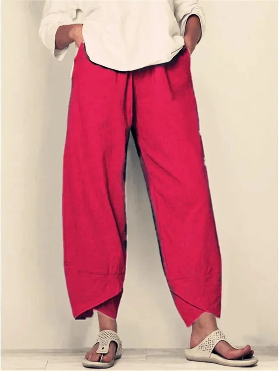 Dcvmvmn Women's Cotton Linen Trousers Loose Casual Harem Pants Floral Printed Elastic Waist Wide Leg Pants