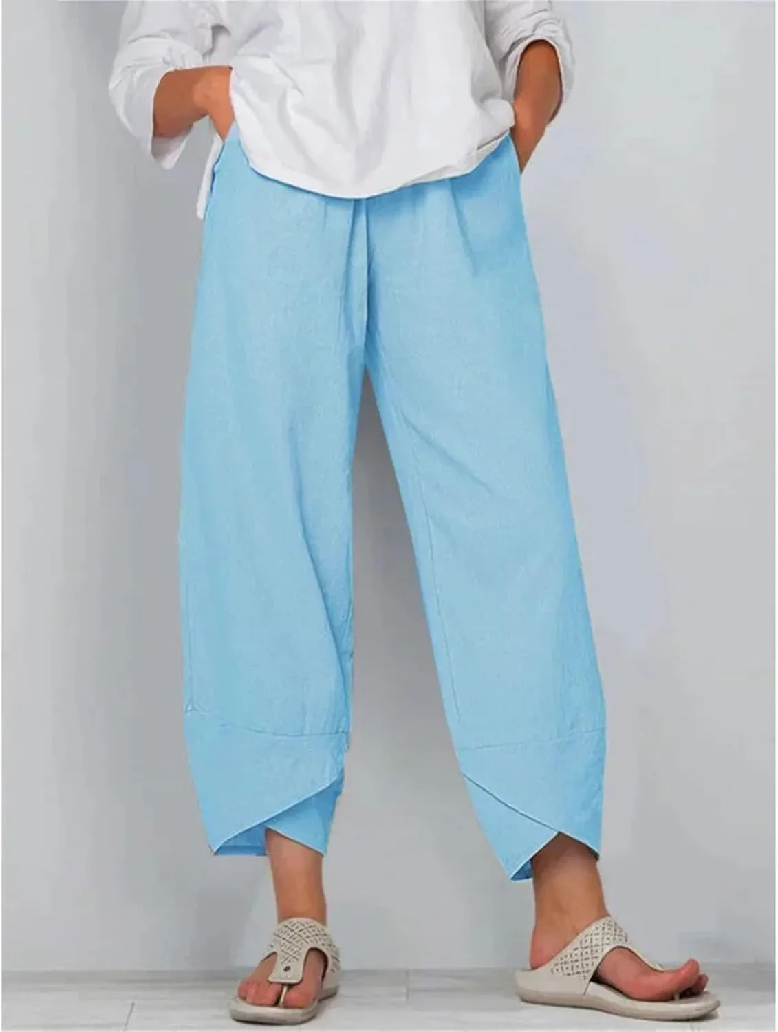 Dcvmvmn Women's Cotton Linen Trousers Loose Casual Harem Pants Floral Printed Elastic Waist Wide Leg Pants