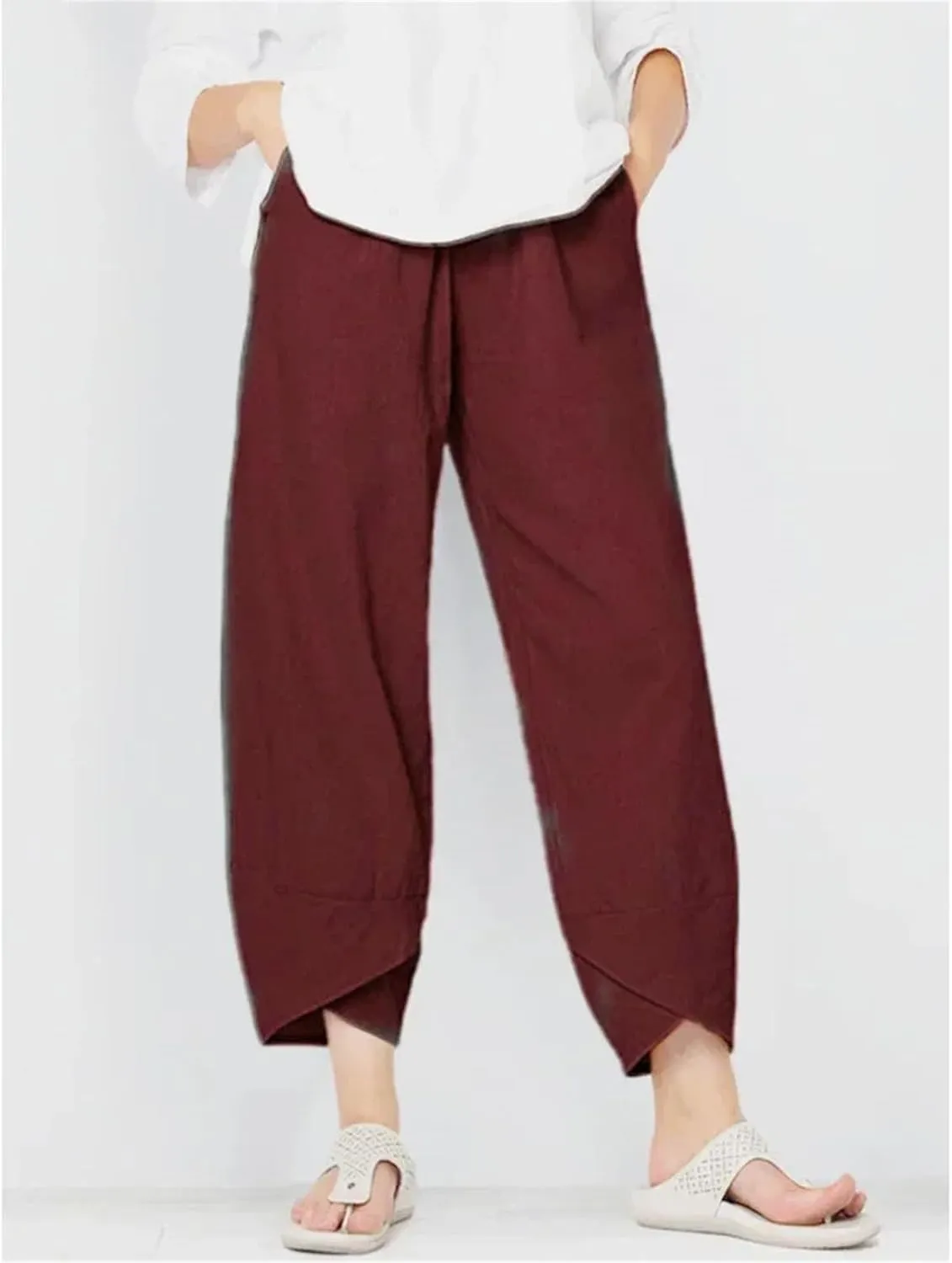 Dcvmvmn Women's Cotton Linen Trousers Loose Casual Harem Pants Floral Printed Elastic Waist Wide Leg Pants