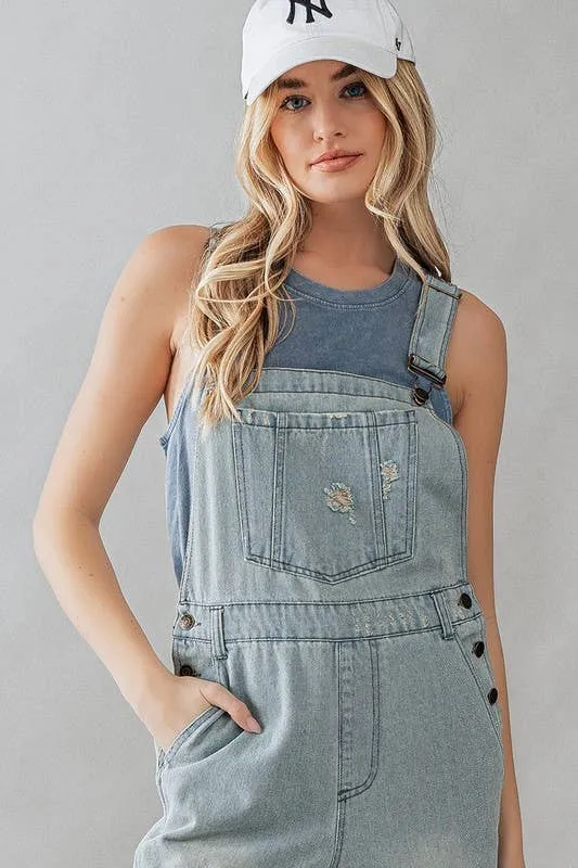 Distressed Wide Leg Flare Denim Overalls