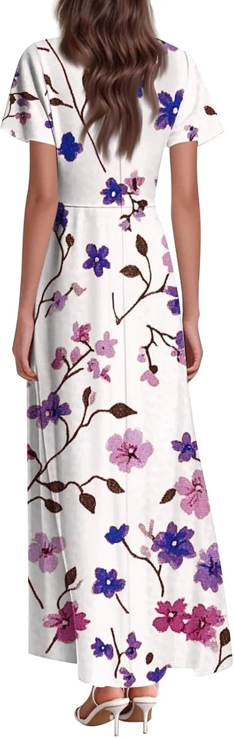 DOPOCQ Dresses for Women Trendy Floral Print Hem Chiffon Cocktail Dress Summer Ruffle Short Sleeve V Neck Flowy Sundress