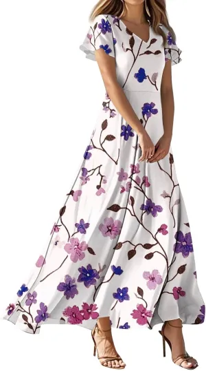 DOPOCQ Dresses for Women Trendy Floral Print Hem Chiffon Cocktail Dress Summer Ruffle Short Sleeve V Neck Flowy Sundress