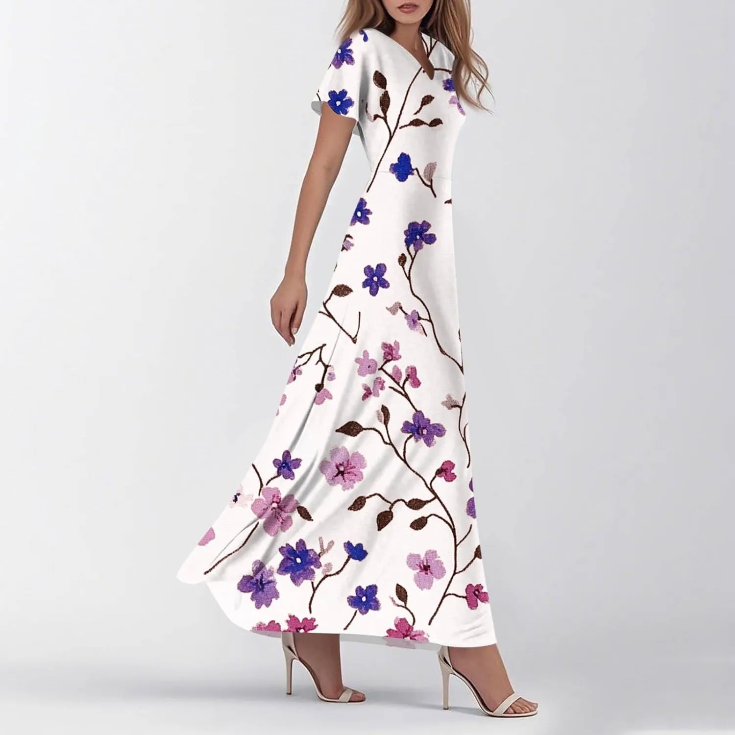 DOPOCQ Dresses for Women Trendy Floral Print Hem Chiffon Cocktail Dress Summer Ruffle Short Sleeve V Neck Flowy Sundress