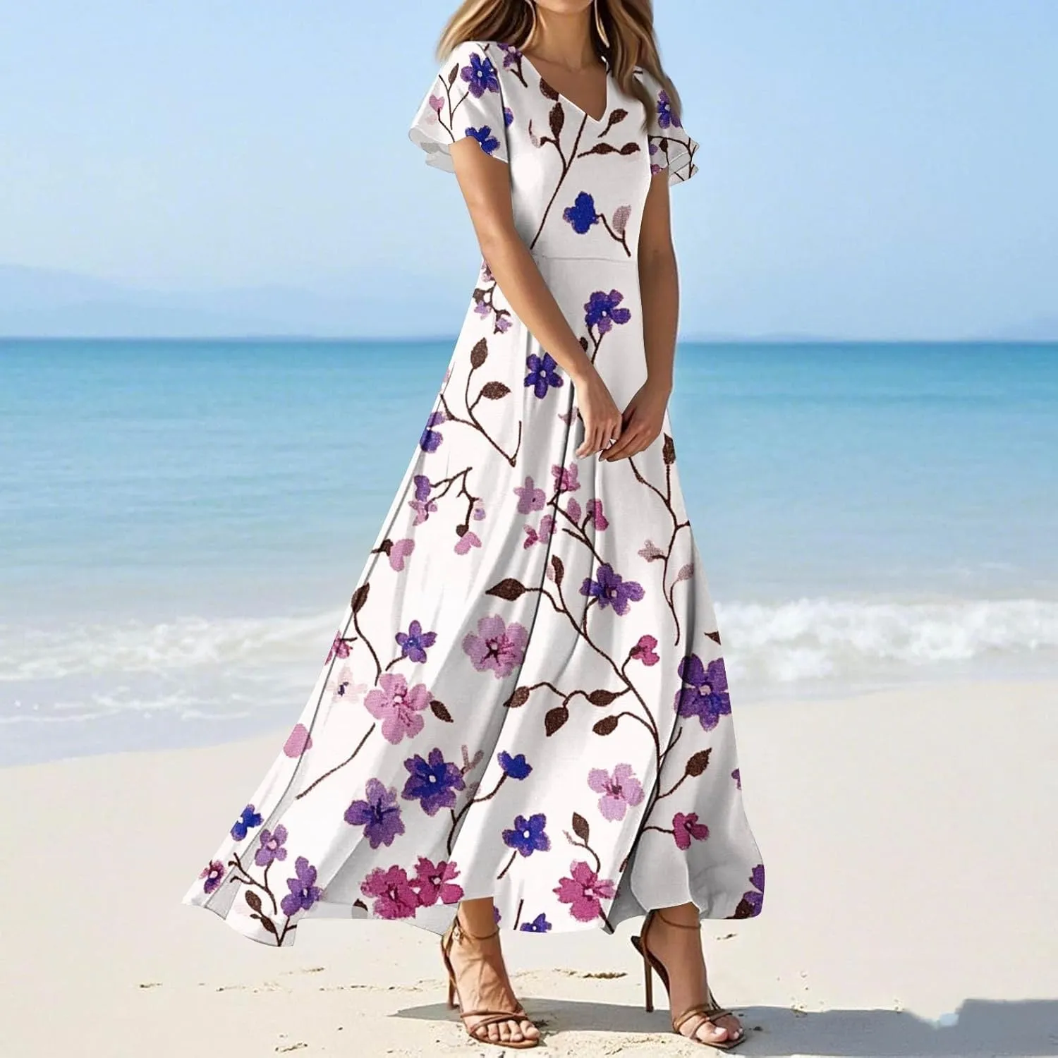 DOPOCQ Dresses for Women Trendy Floral Print Hem Chiffon Cocktail Dress Summer Ruffle Short Sleeve V Neck Flowy Sundress