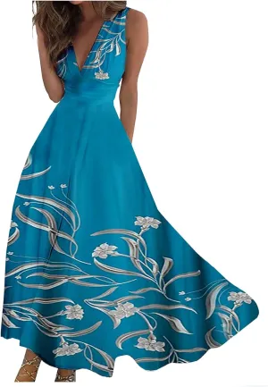 Dresses for Women 2024 Wrap V Neck Flowy Ruched Maxi Dress Sleeveless Floral Printed Beach Dresses Boho Sundresses