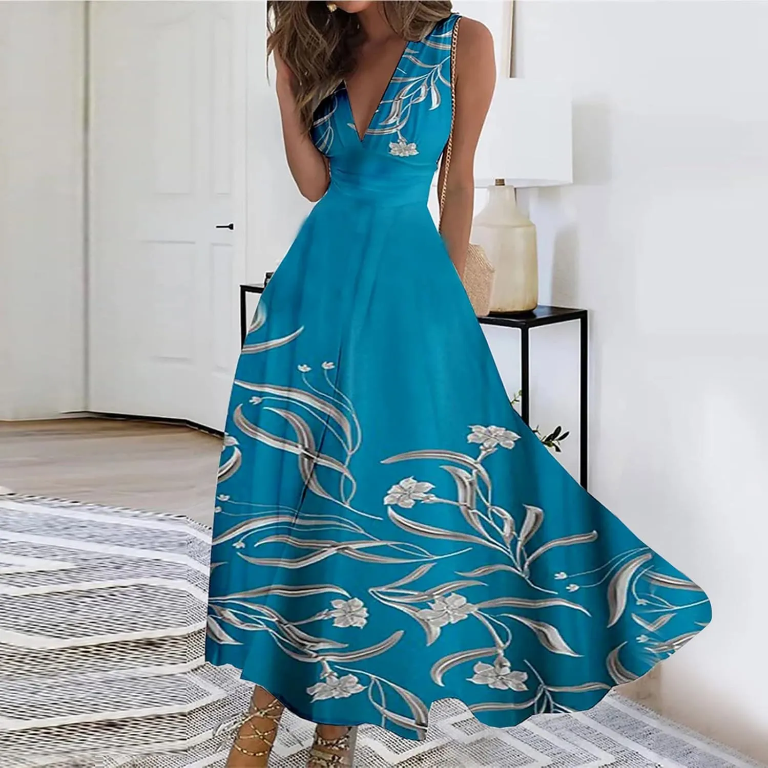 Dresses for Women 2024 Wrap V Neck Flowy Ruched Maxi Dress Sleeveless Floral Printed Beach Dresses Boho Sundresses