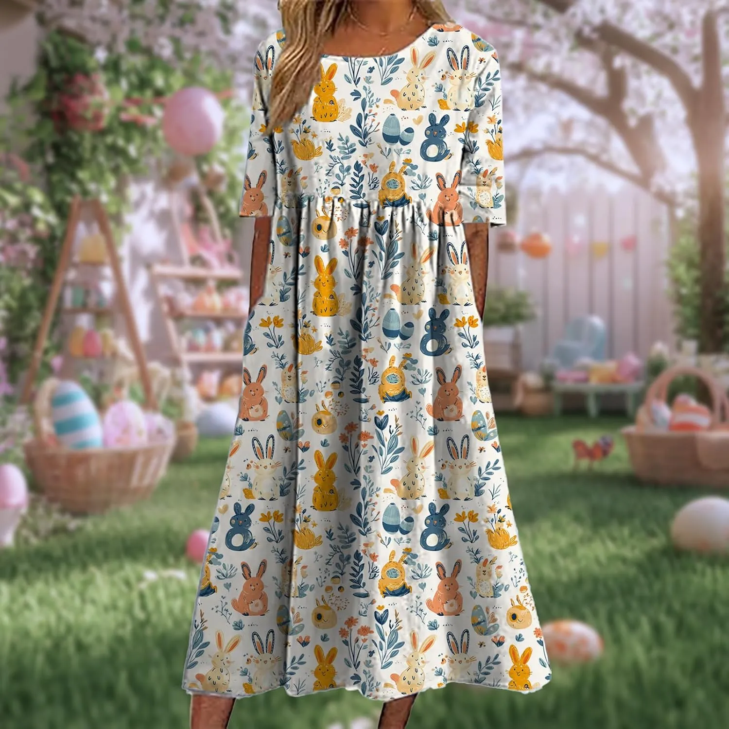Easter Dress for Women Casual Short Sleeve Crew Neck Midi Dress Bunny Egg Print Pleated Summer Dress with Pockets