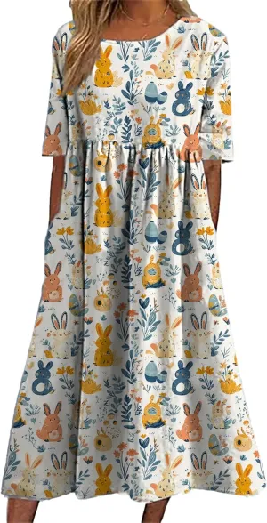 Easter Dress for Women Casual Short Sleeve Crew Neck Midi Dress Bunny Egg Print Pleated Summer Dress with Pockets