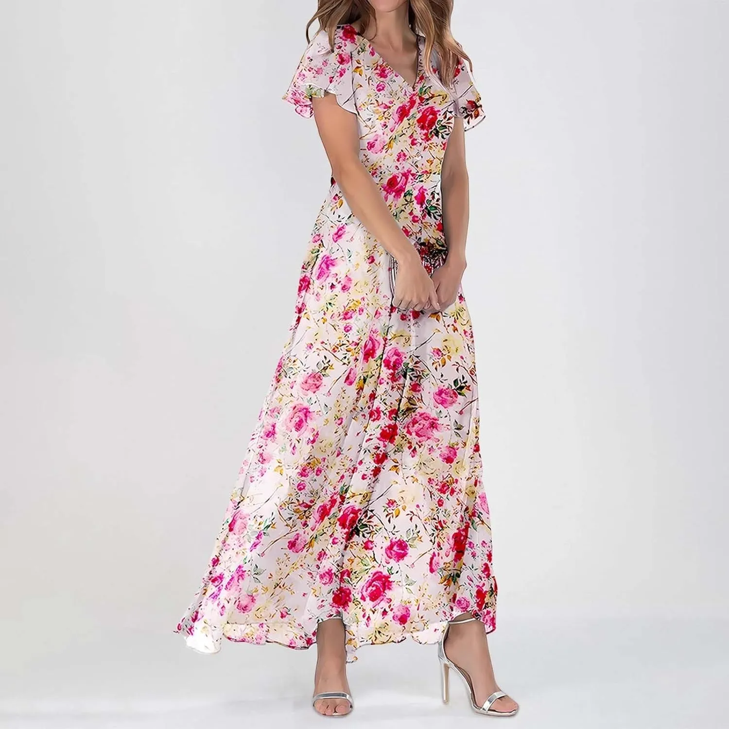 Easter Dresses for Women 2025 Swing Flowy Ruffle Hem Dress Short Sleeve Chiffon Midi Dress Summer Beach Dresses