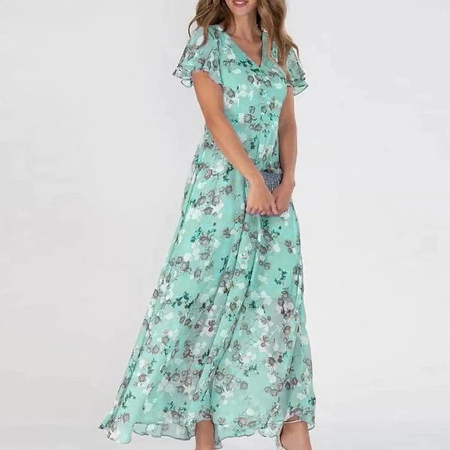 Easter Dresses for Women 2025 Swing Flowy Ruffle Hem Dress Short Sleeve Chiffon Midi Dress Summer Beach Dresses