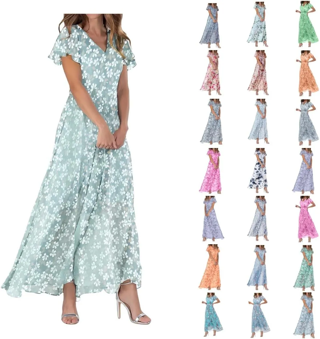Easter Dresses for Women 2025 Swing Flowy Ruffle Hem Dress Short Sleeve Chiffon Midi Dress Summer Beach Dresses
