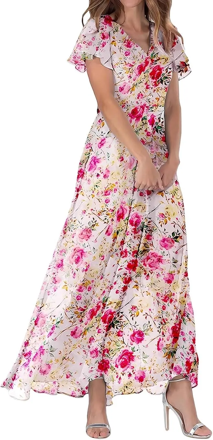 Easter Dresses for Women 2025 Swing Flowy Ruffle Hem Dress Short Sleeve Chiffon Midi Dress Summer Beach Dresses