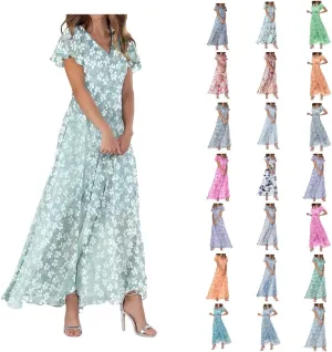 Easter Dresses for Women 2025 Swing Flowy Ruffle Hem Dress Short Sleeve Chiffon Midi Dress Summer Beach Dresses