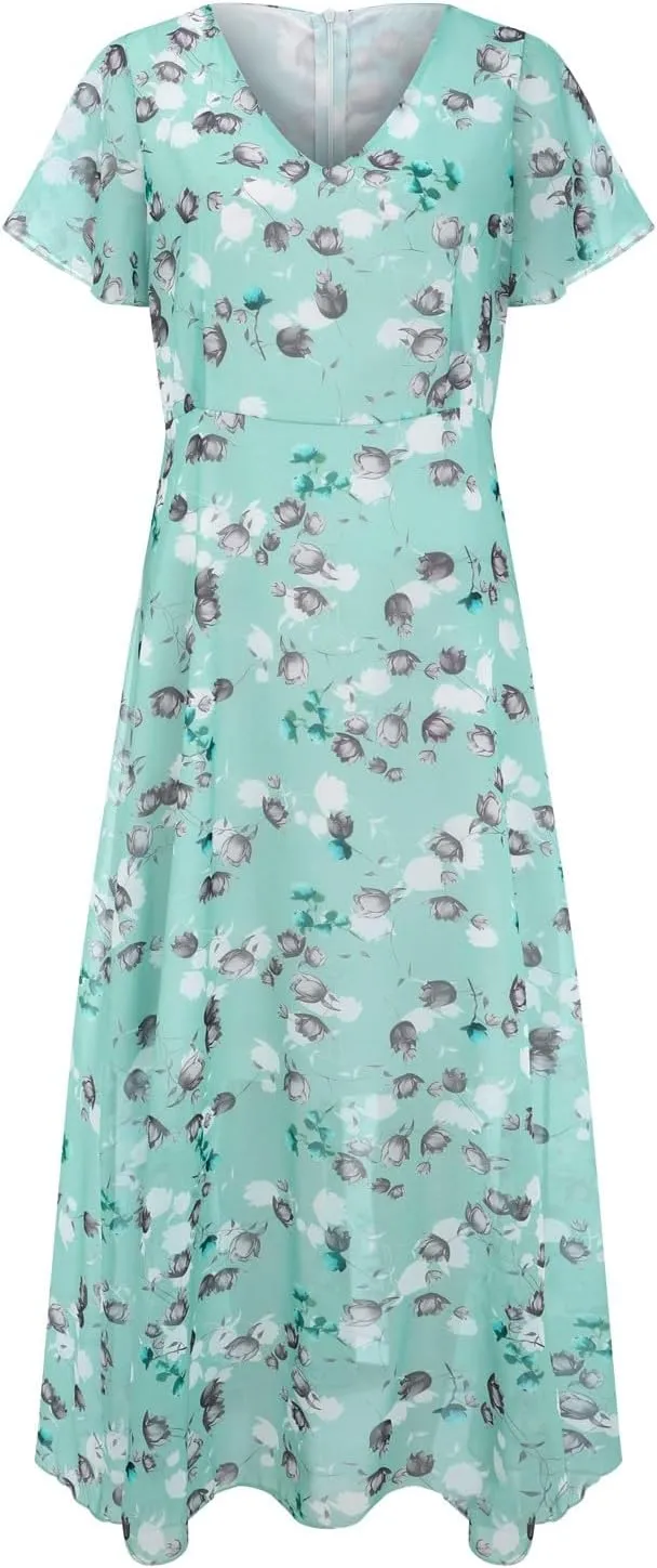 Easter Dresses for Women 2025 Swing Flowy Ruffle Hem Dress Short Sleeve Chiffon Midi Dress Summer Beach Dresses