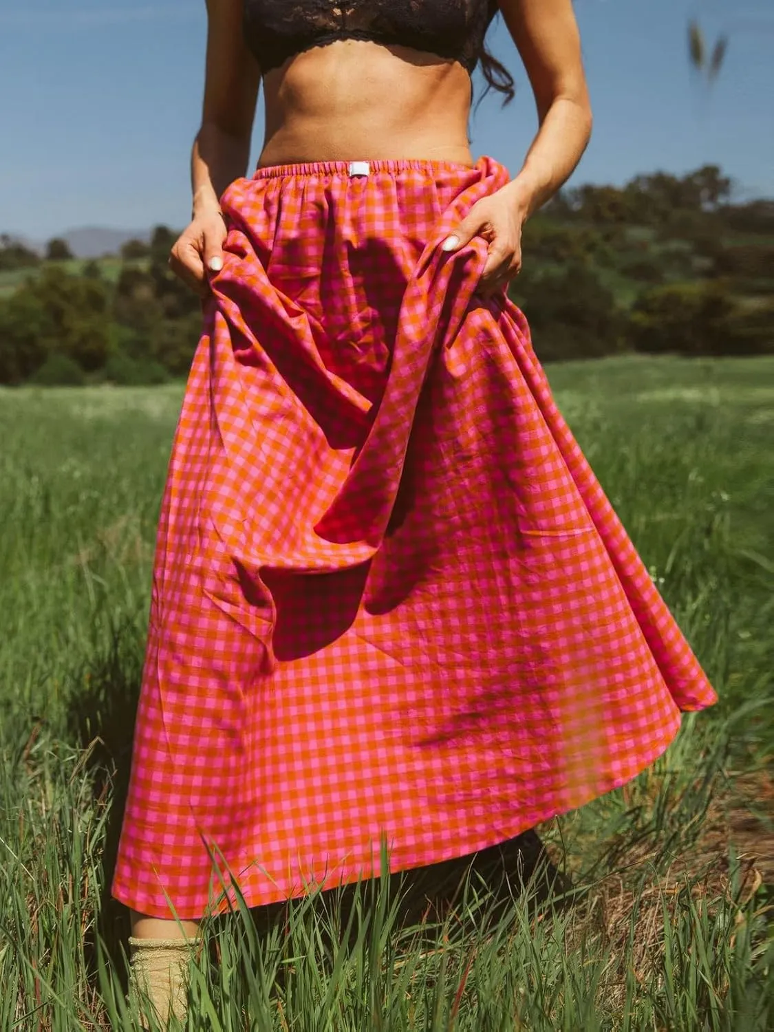 ebossy Women's Retro Plaid Long Skirt Elastic Waist Gingham Flowy Summer A-line Maxi Skirts
