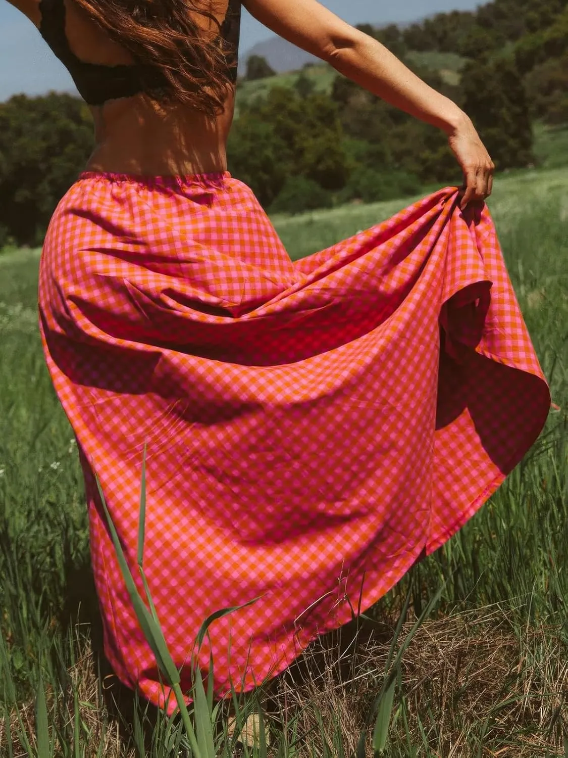 ebossy Women's Retro Plaid Long Skirt Elastic Waist Gingham Flowy Summer A-line Maxi Skirts