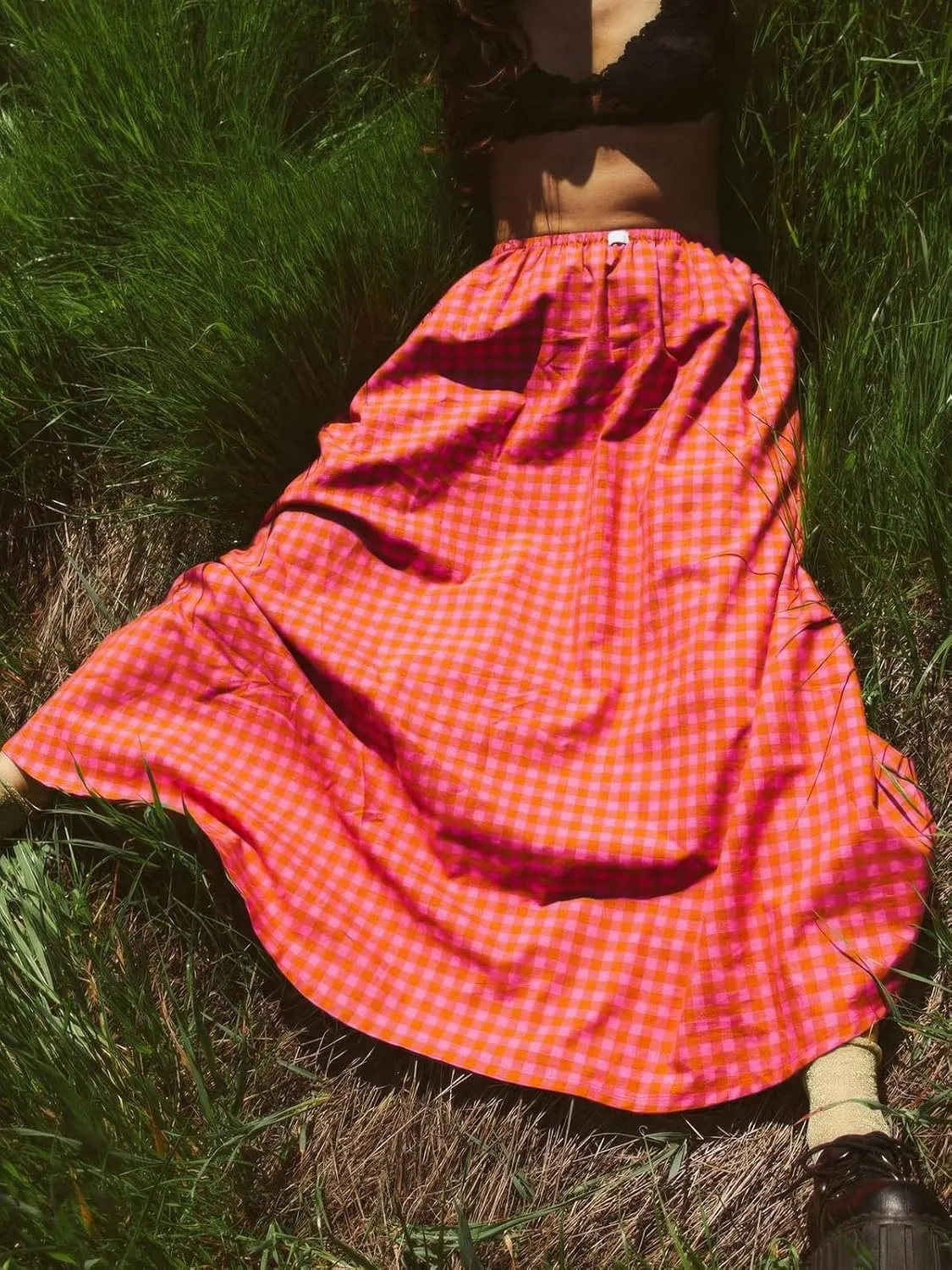 ebossy Women's Retro Plaid Long Skirt Elastic Waist Gingham Flowy Summer A-line Maxi Skirts