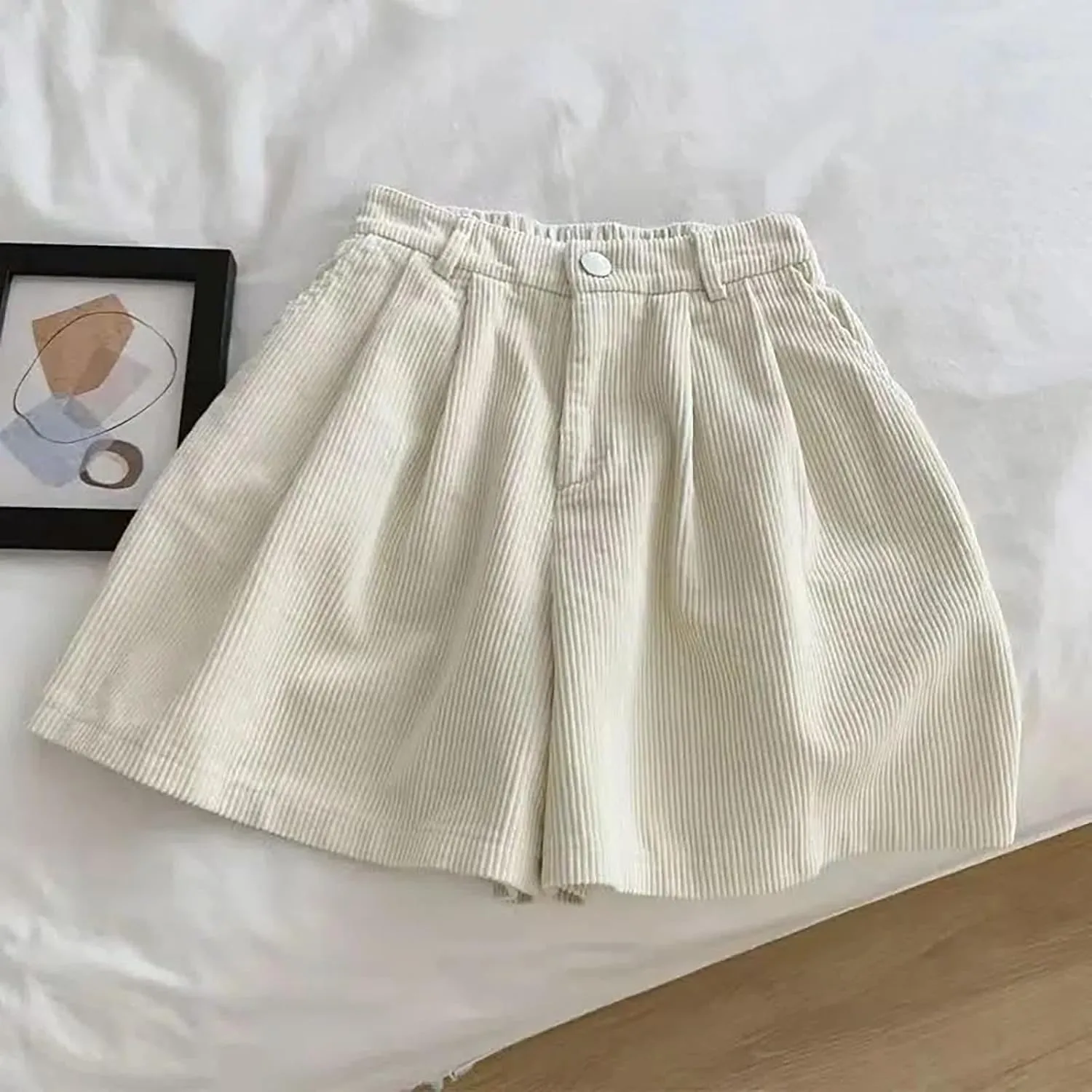 ECKHARDT Shorts for Women Knee Length Corduroy Straight Leg Shorts Ladies Casual High Waist All Corduroy