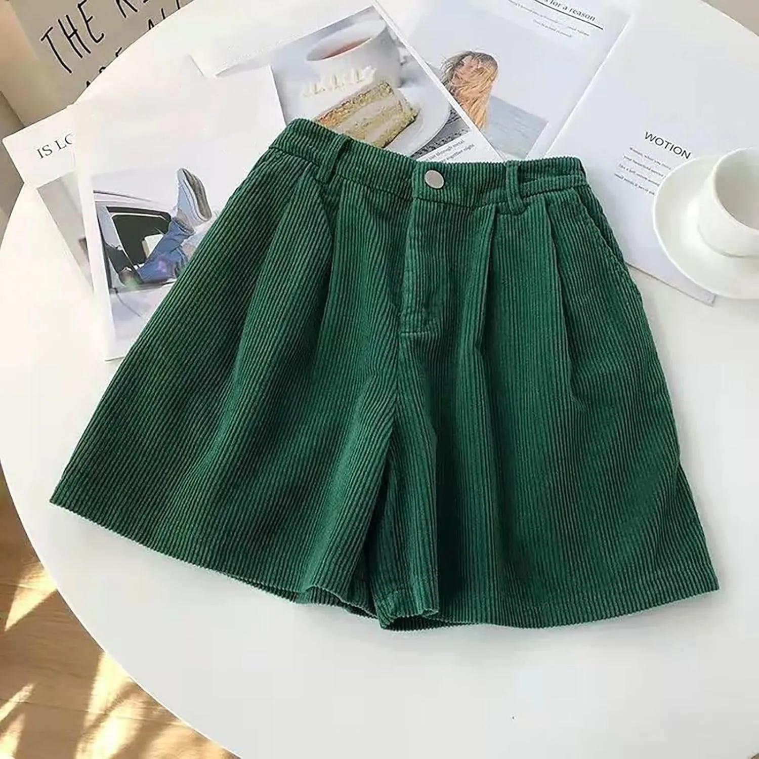 ECKHARDT Shorts for Women Knee Length Corduroy Straight Leg Shorts Ladies Casual High Waist All Corduroy