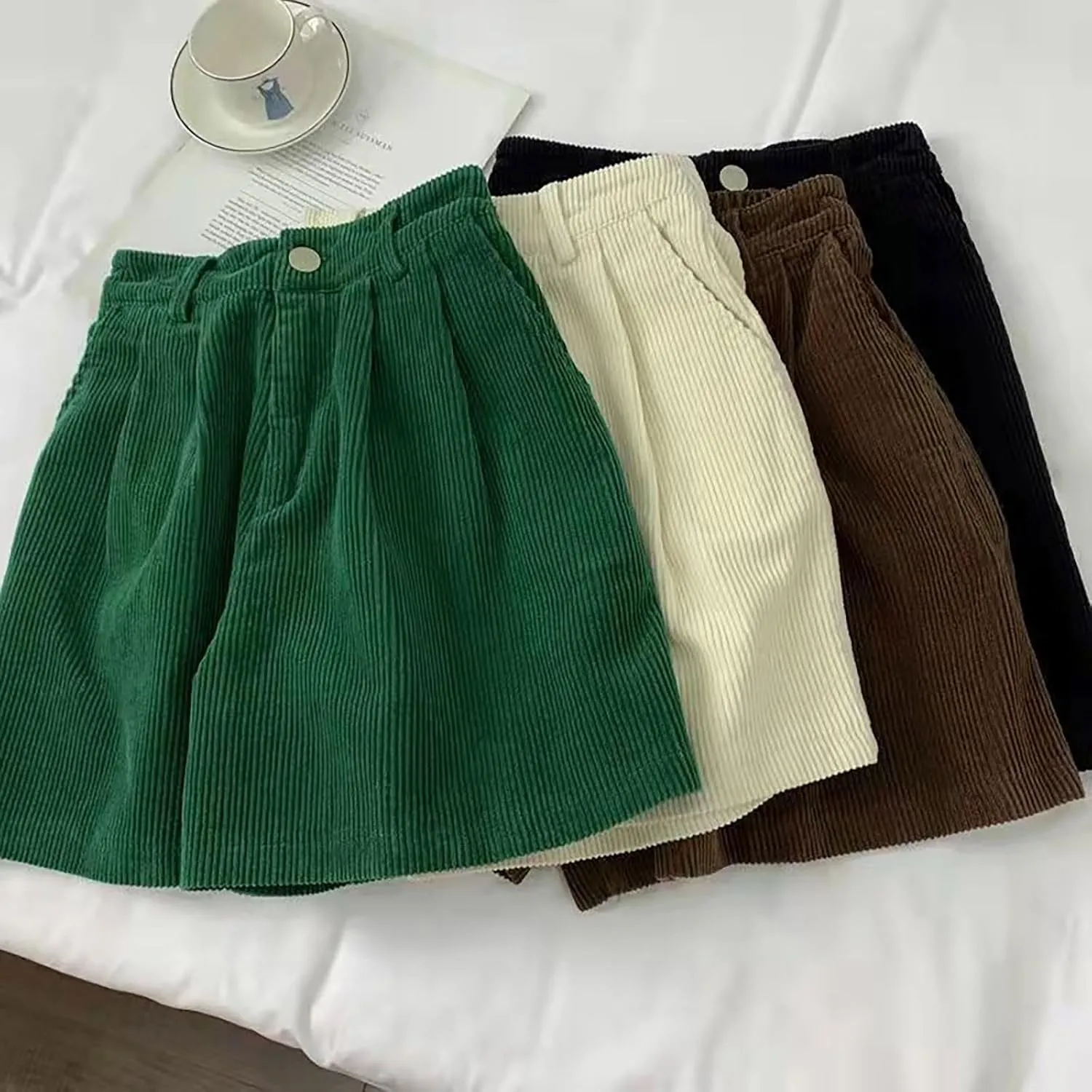 ECKHARDT Shorts for Women Knee Length Corduroy Straight Leg Shorts Ladies Casual High Waist All Corduroy