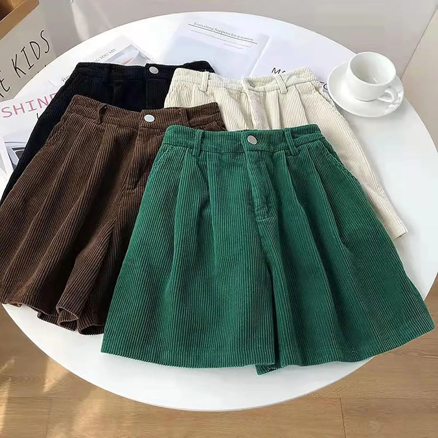 ECKHARDT Shorts for Women Knee Length Corduroy Straight Leg Shorts Ladies Casual High Waist All Corduroy