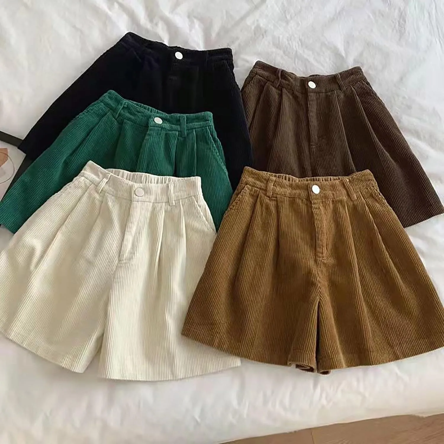 ECKHARDT Shorts for Women Knee Length Corduroy Straight Leg Shorts Ladies Casual High Waist All Corduroy