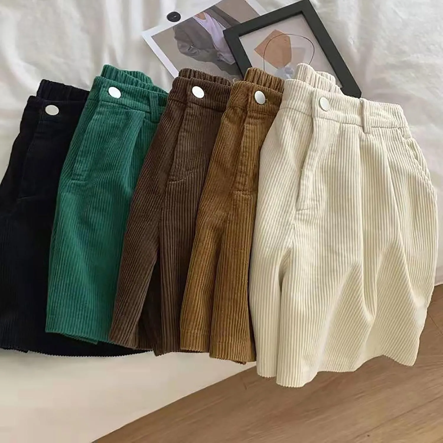 ECKHARDT Shorts for Women Knee Length Corduroy Straight Leg Shorts Ladies Casual High Waist All Corduroy