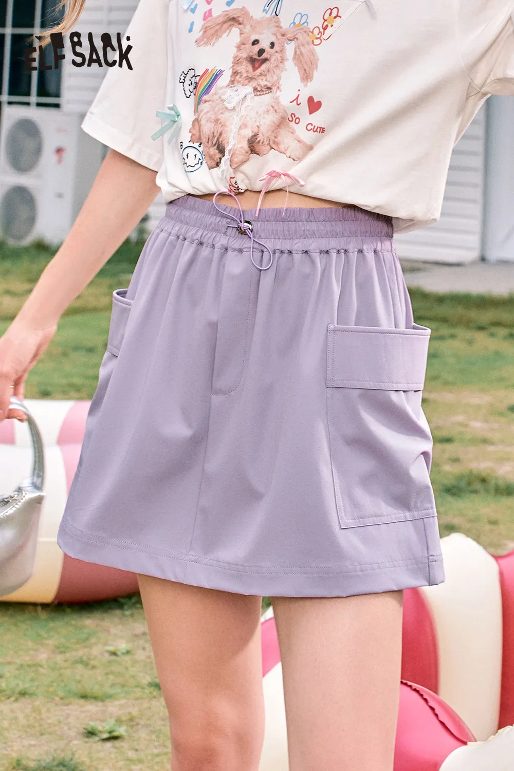 ELFSACK 2024 Summer New Arrivals Purple natural waist pocket casual versatile slim work skirt pants for women