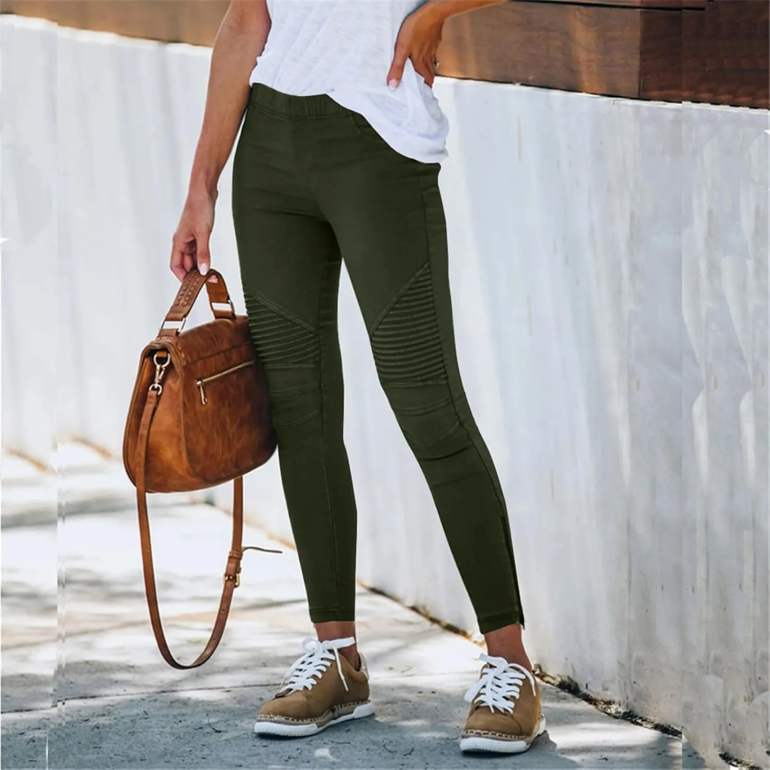 eoeioa Plus Size Leggings with Pockets for Women High Waisted Stretch Skinny Zipper Cropped Pencil Pants Stripe Tights Pants
