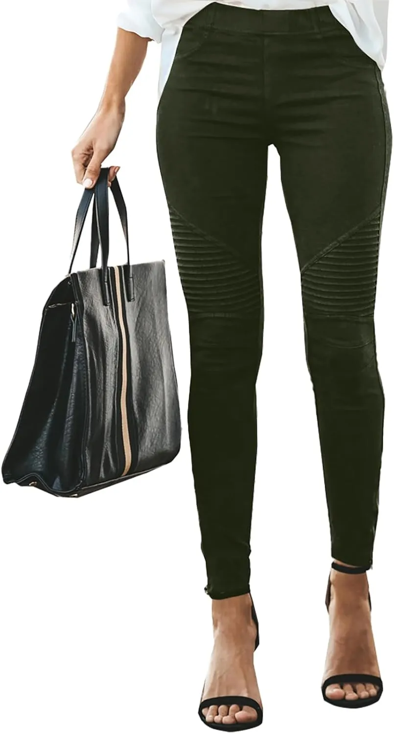eoeioa Plus Size Leggings with Pockets for Women High Waisted Stretch Skinny Zipper Cropped Pencil Pants Stripe Tights Pants