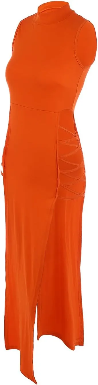 EVILD Sexy Cutout Bodycon Dress Sleeveless High Slit Long Dress Party Bandage Cami Dresses Fit Club Dress for Women