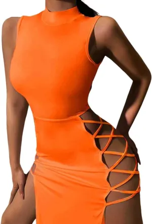 EVILD Sexy Cutout Bodycon Dress Sleeveless High Slit Long Dress Party Bandage Cami Dresses Fit Club Dress for Women