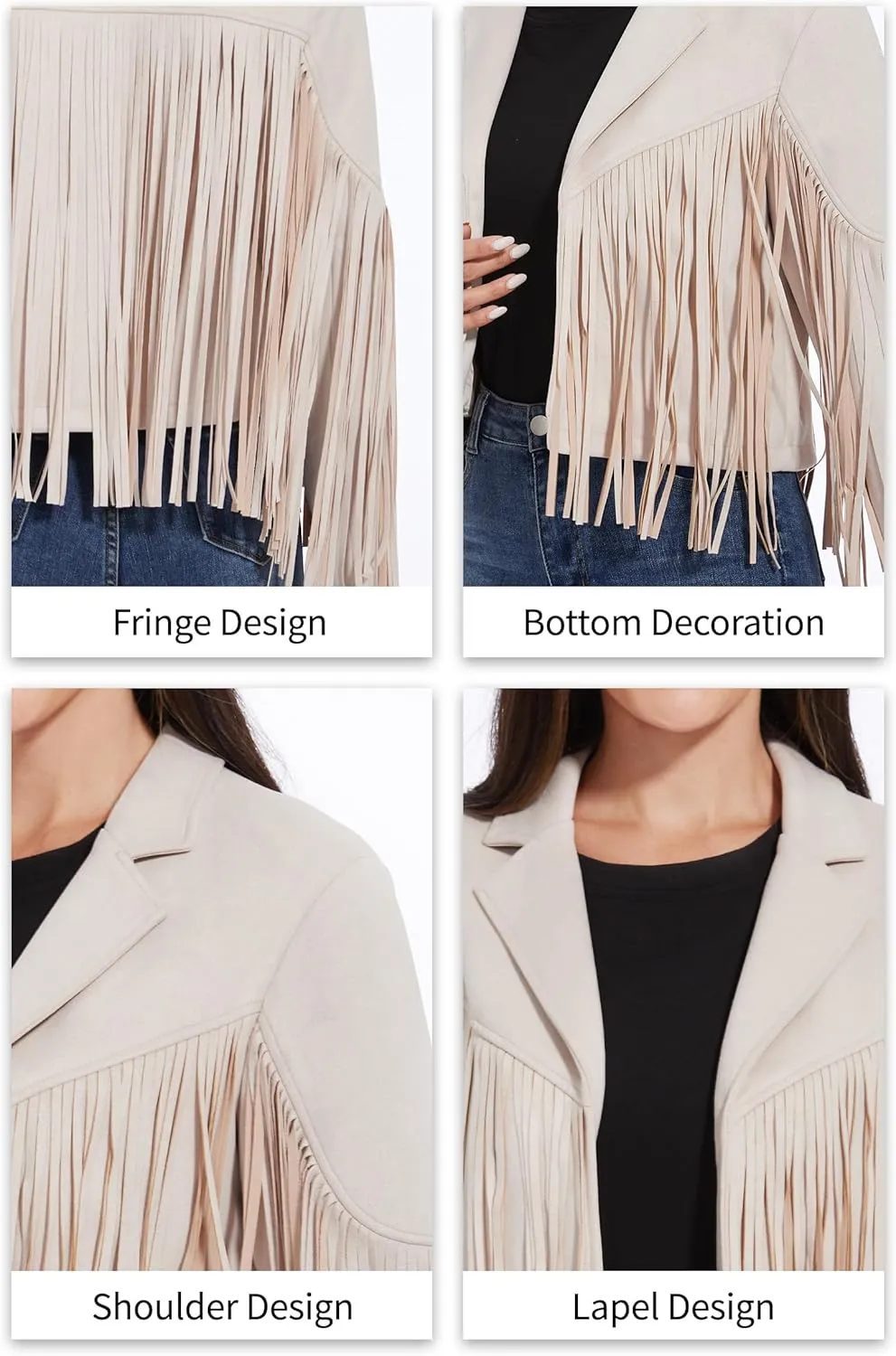 Fahsyee Women's Fringe Leather Jackets - Suede Faux Motocycle Biker Cropped Coat Vegan Blazer Pleather Fashion Tassel S-XXL