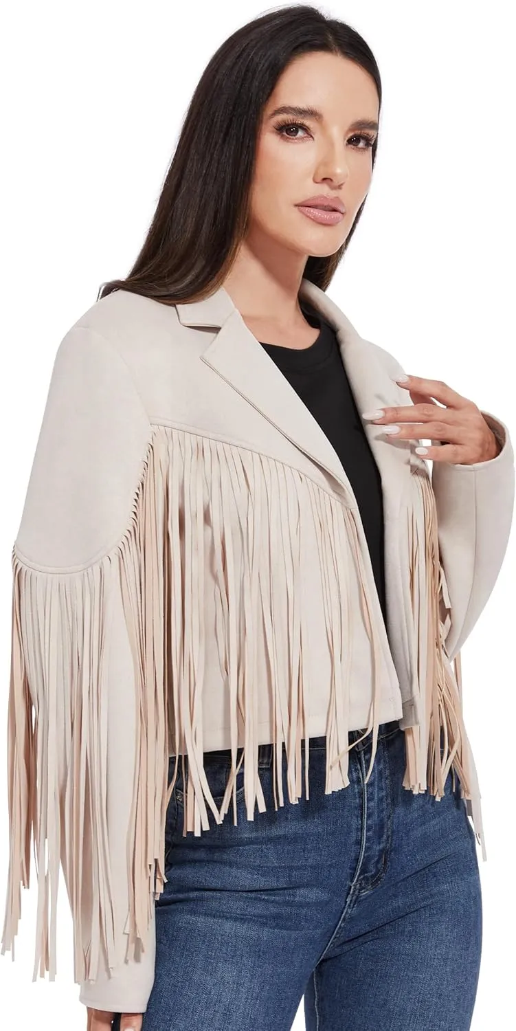 Fahsyee Women's Fringe Leather Jackets - Suede Faux Motocycle Biker Cropped Coat Vegan Blazer Pleather Fashion Tassel S-XXL