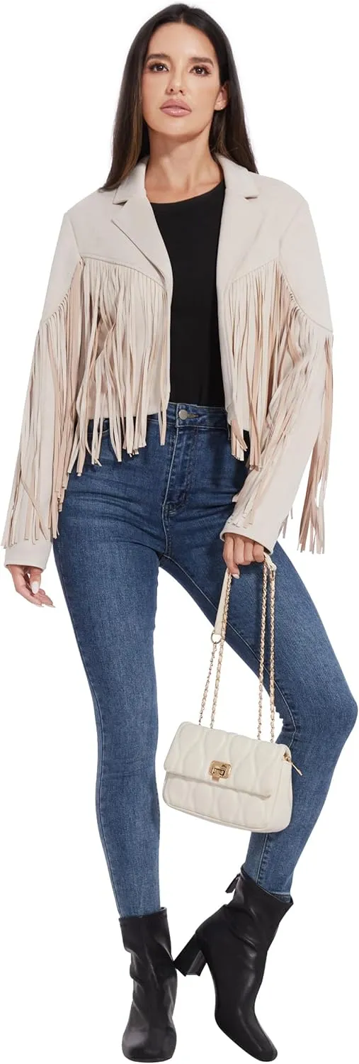 Fahsyee Women's Fringe Leather Jackets - Suede Faux Motocycle Biker Cropped Coat Vegan Blazer Pleather Fashion Tassel S-XXL