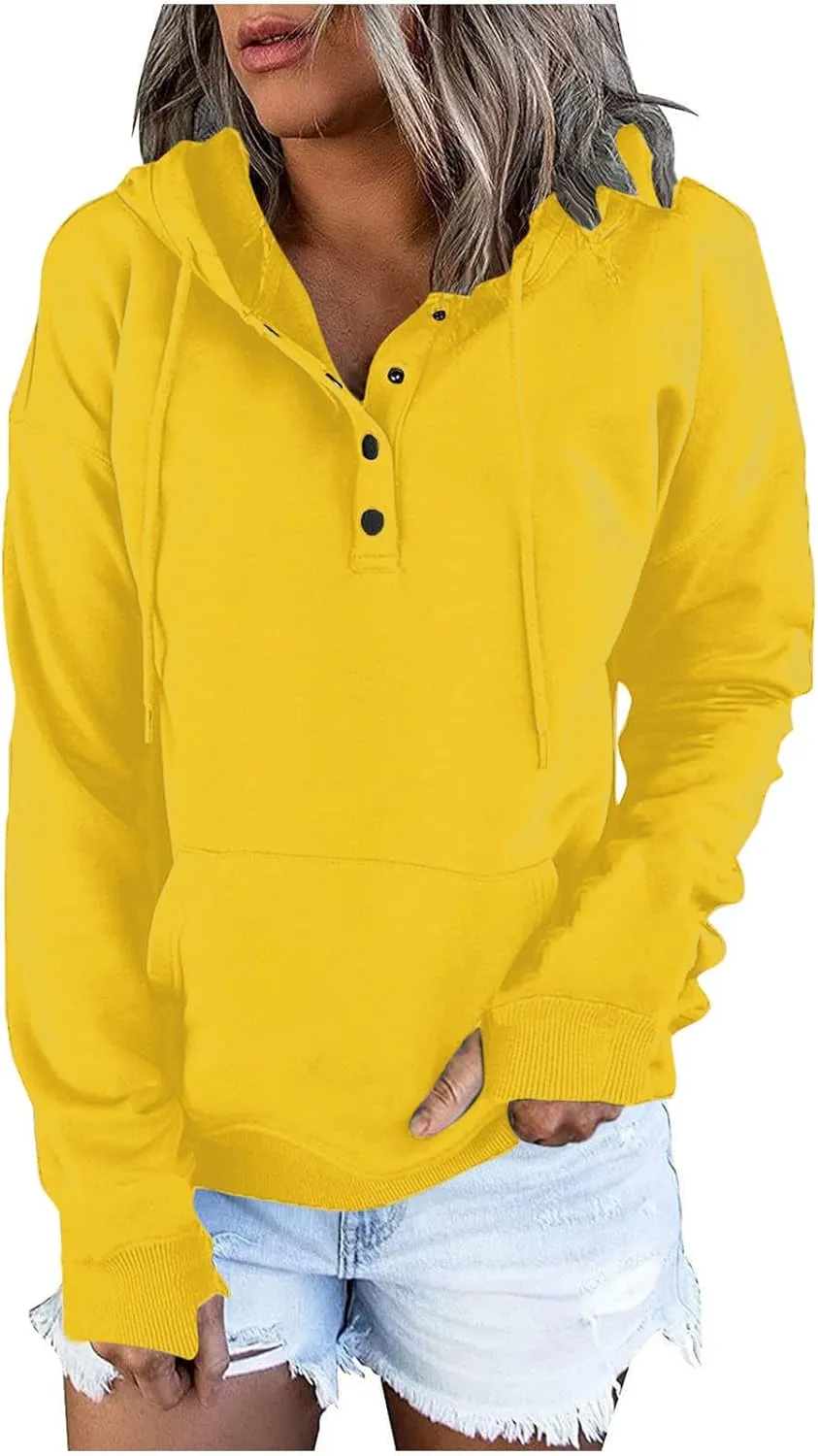 Fall Hoodies for Women Fashion 2023 Button Down Thumb Hole Hooded Sweatshirt Casual Pullover Tops with Kangaroo Pocket
