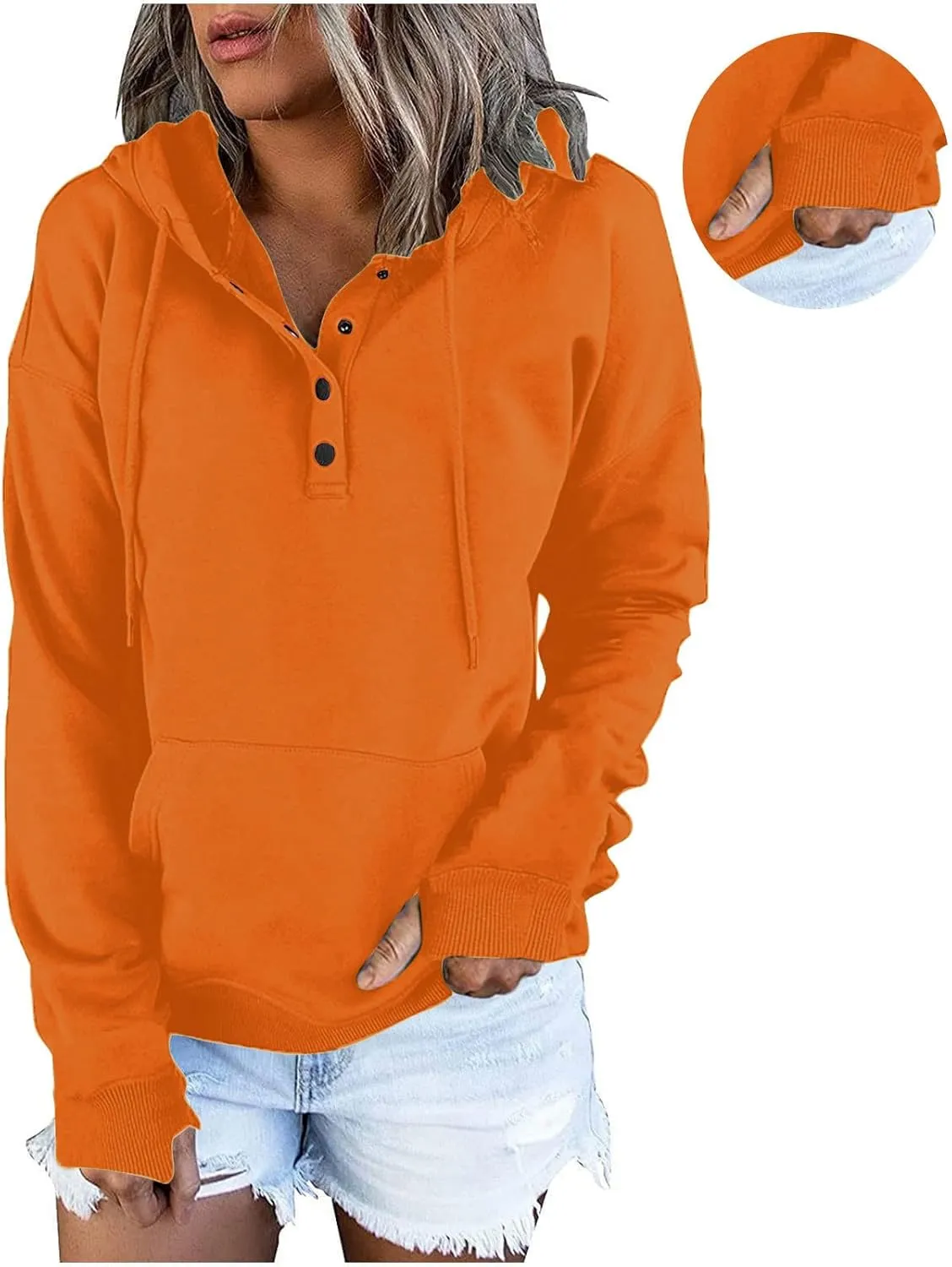 Fall Hoodies for Women Fashion 2023 Button Down Thumb Hole Hooded Sweatshirt Casual Pullover Tops with Kangaroo Pocket