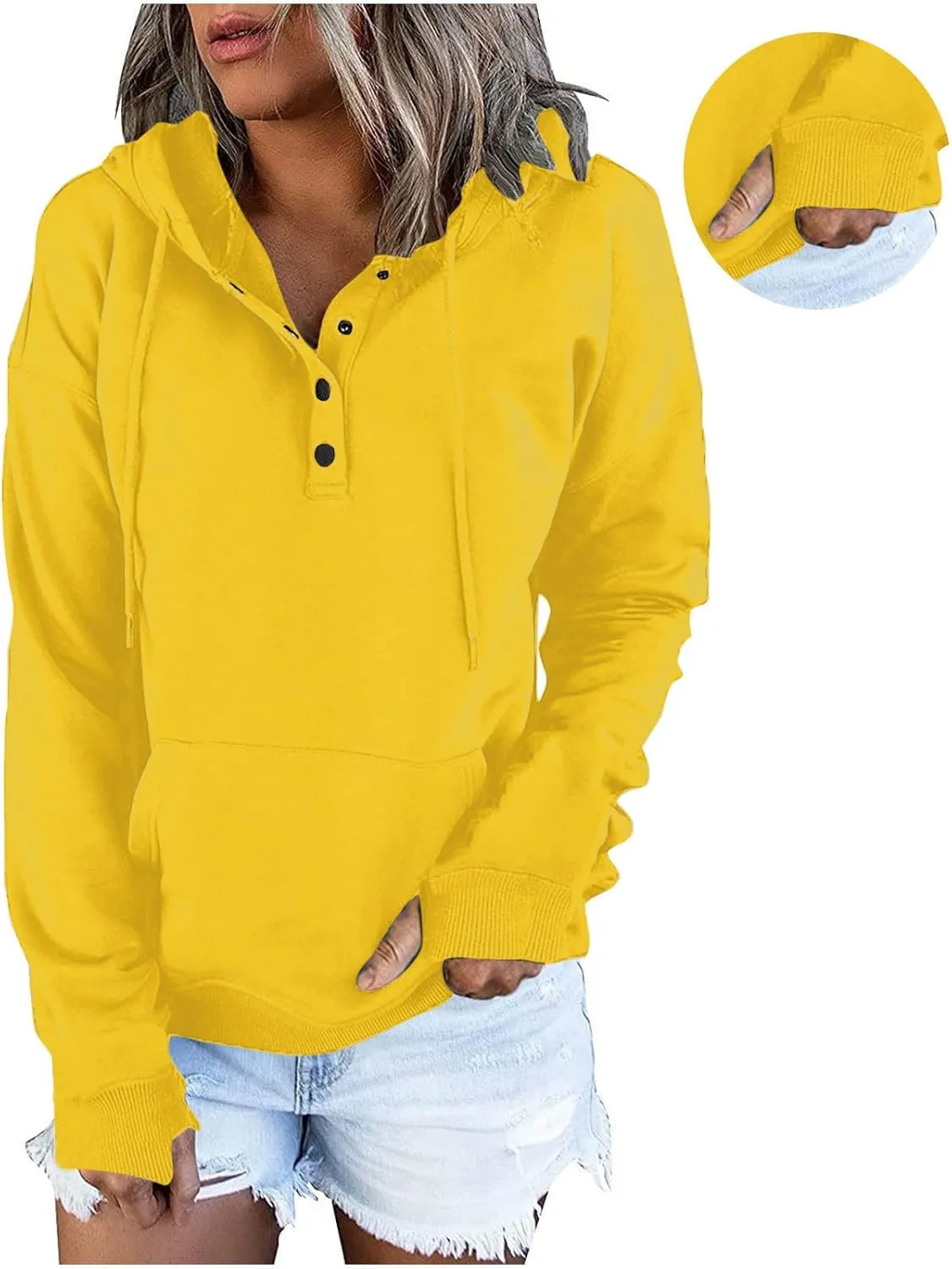 Fall Hoodies for Women Fashion 2023 Button Down Thumb Hole Hooded Sweatshirt Casual Pullover Tops with Kangaroo Pocket