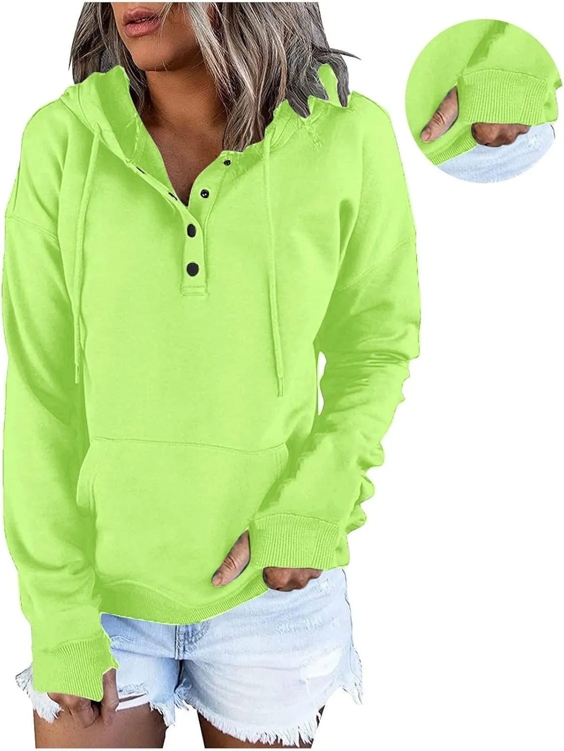 Fall Hoodies for Women Fashion 2023 Button Down Thumb Hole Hooded Sweatshirt Casual Pullover Tops with Kangaroo Pocket