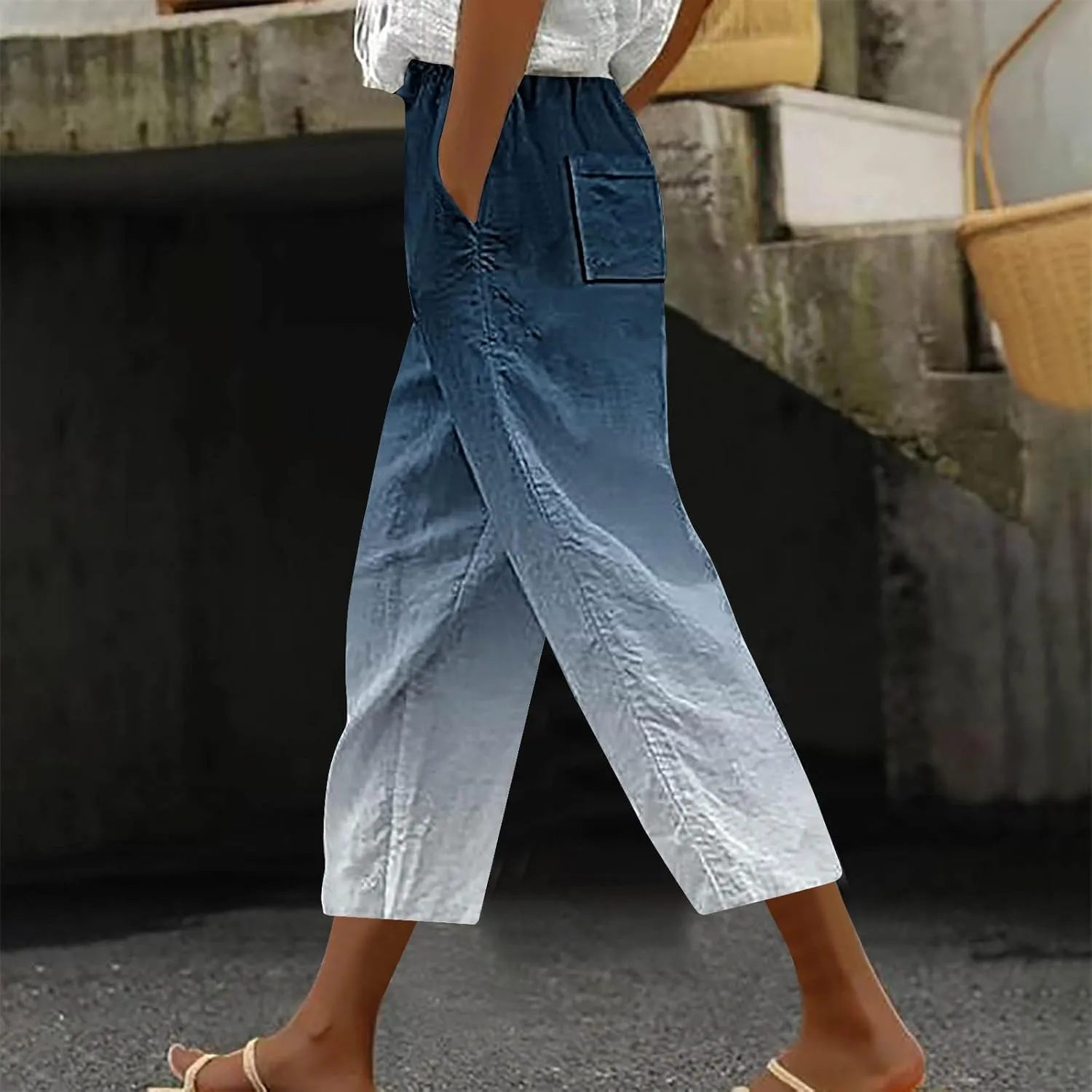 fartey Womens Summer Pants Casual Drawstring Elastic High Waist Capri Pants Floral Print Wide Leg Cropped Pants Trousers