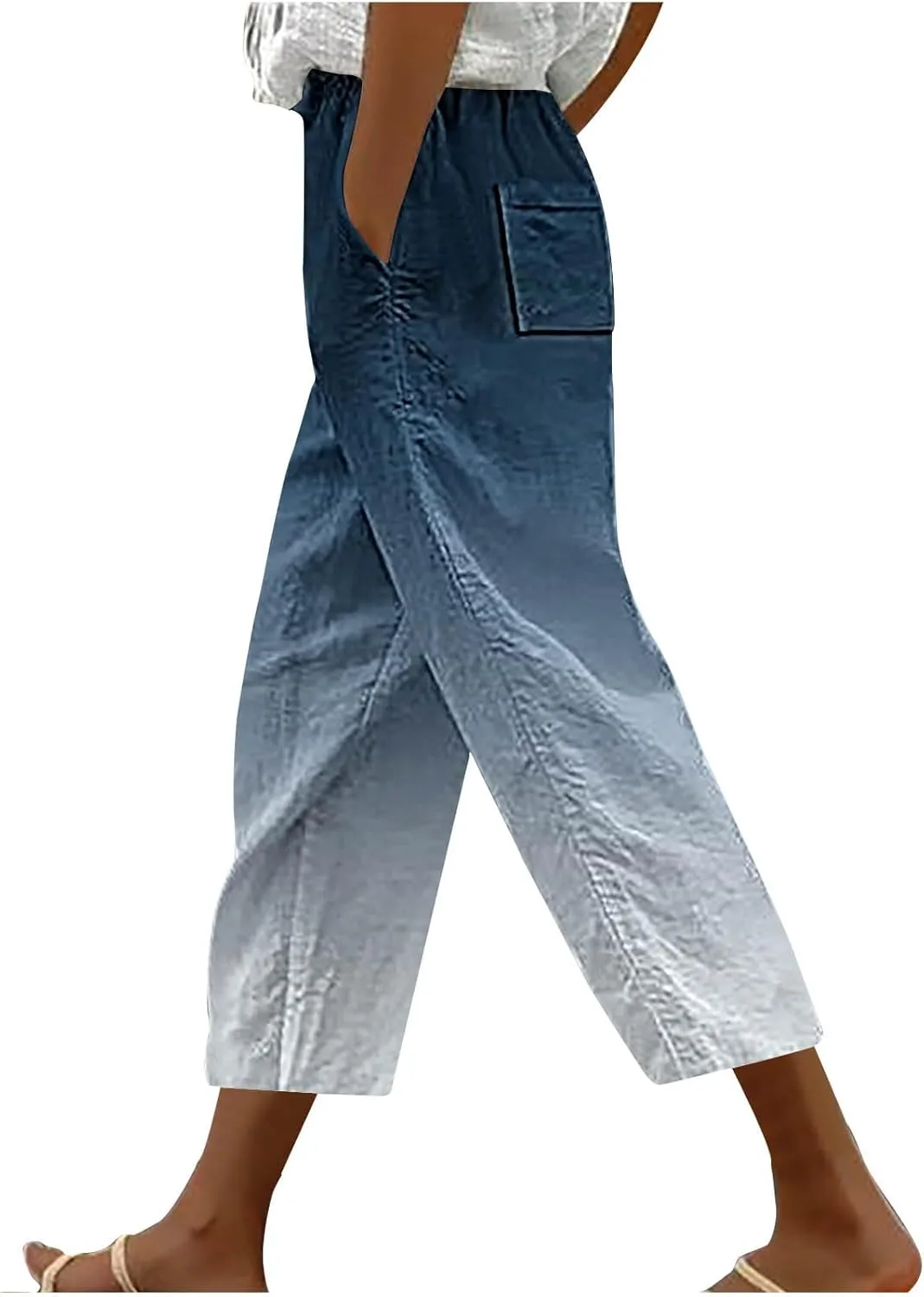 fartey Womens Summer Pants Casual Drawstring Elastic High Waist Capri Pants Floral Print Wide Leg Cropped Pants Trousers