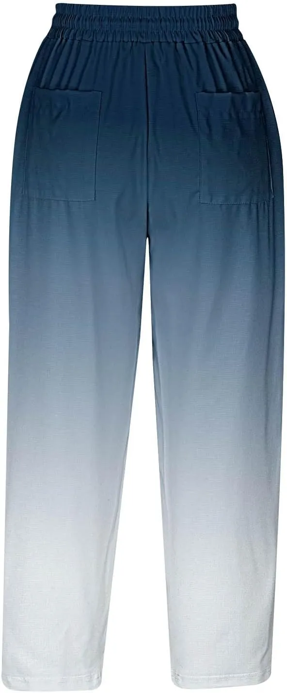 fartey Womens Summer Pants Casual Drawstring Elastic High Waist Capri Pants Floral Print Wide Leg Cropped Pants Trousers