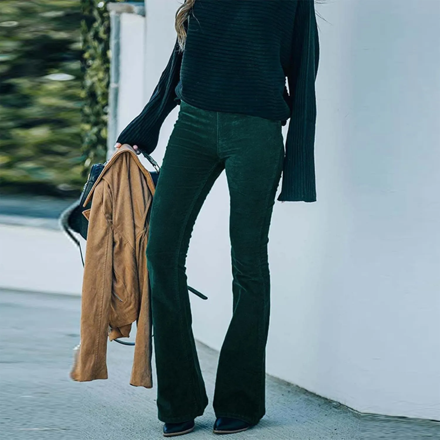 Febecool Cargo Pants Women Solid Color Slim Fit Micro Flared Pants Elastic Waist Casual Pants Corduroy