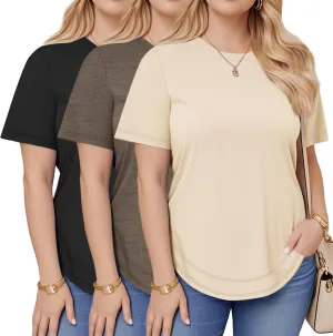 Ficerd 3 Pack Women's Plus Size T Shirts, Short Sleeve Crew Neck Shirts Curved Hem Casual Trendy Tops Loose Fit Summer Tee