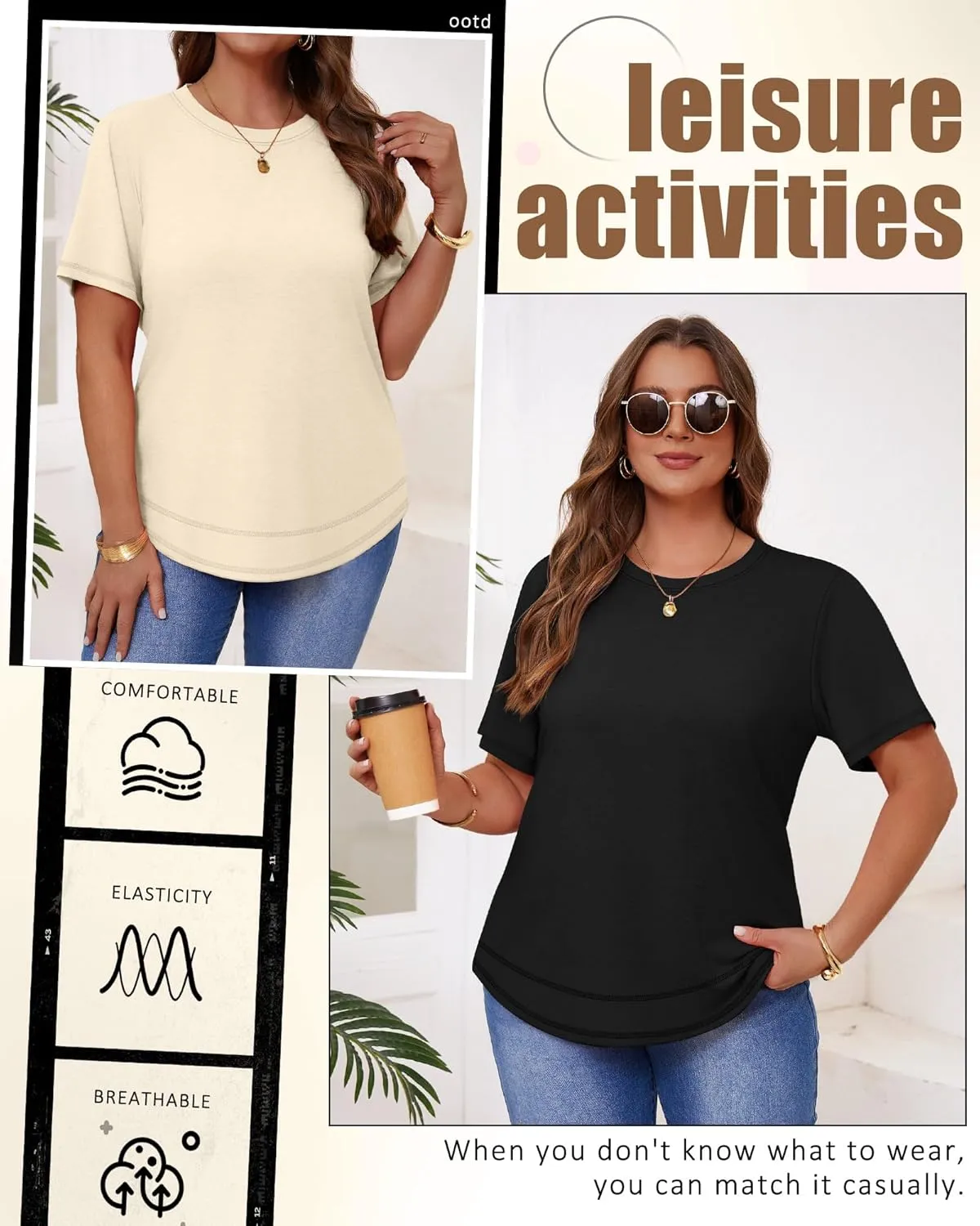 Ficerd 3 Pack Women's Plus Size T Shirts, Short Sleeve Crew Neck Shirts Curved Hem Casual Trendy Tops Loose Fit Summer Tee
