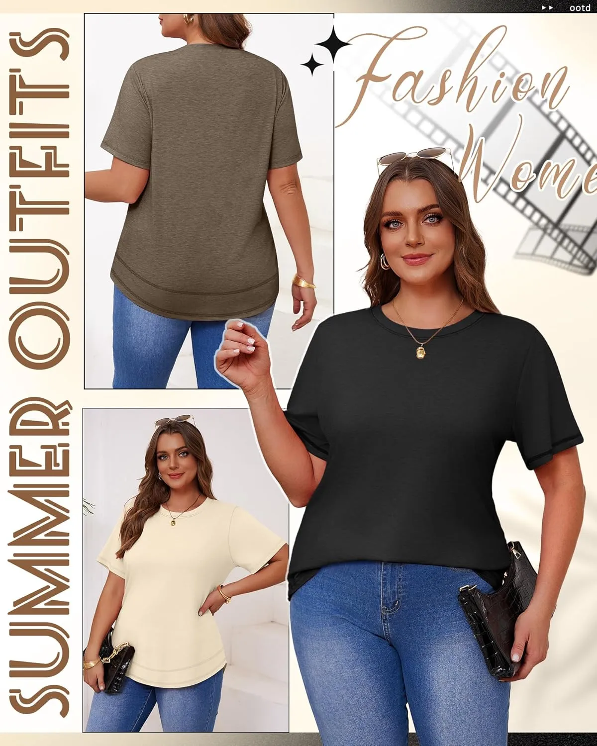 Ficerd 3 Pack Women's Plus Size T Shirts, Short Sleeve Crew Neck Shirts Curved Hem Casual Trendy Tops Loose Fit Summer Tee