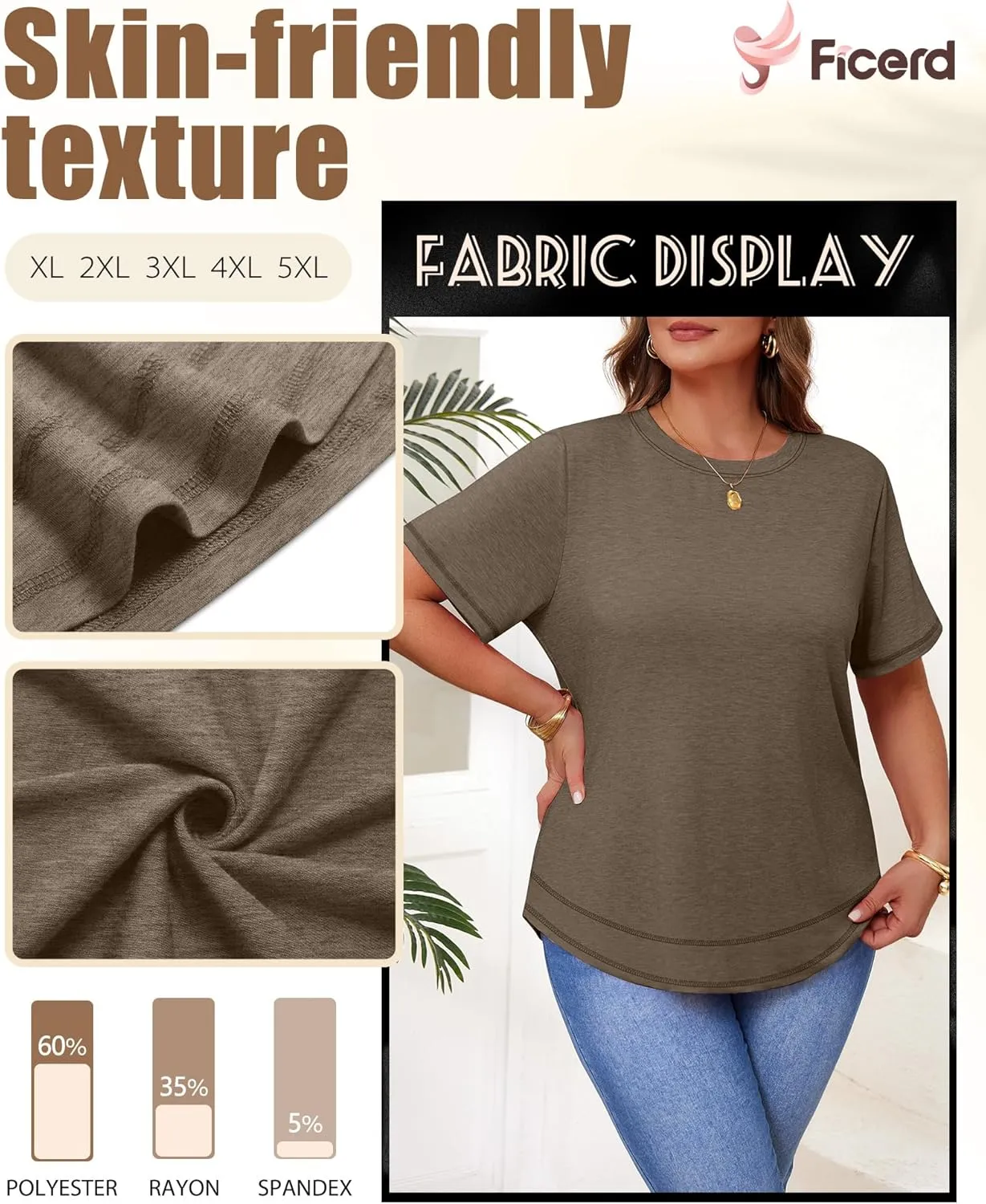 Ficerd 3 Pack Women's Plus Size T Shirts, Short Sleeve Crew Neck Shirts Curved Hem Casual Trendy Tops Loose Fit Summer Tee