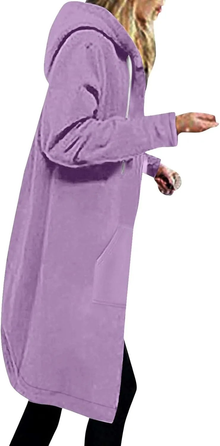 Fleece Lined Hoodie for Women Long Zipper Hoodies Zip Up Oversized Sweatshirts Womens Tunic Sweatshirt Blazer Winter
