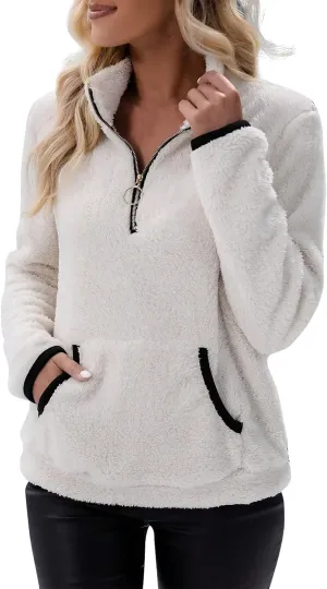 Fleece Sweatshirts for Women 2024 Fall Winter Half Zip Sweater Oversized Pullover Outfit Crewneck Hoodie with Pocket